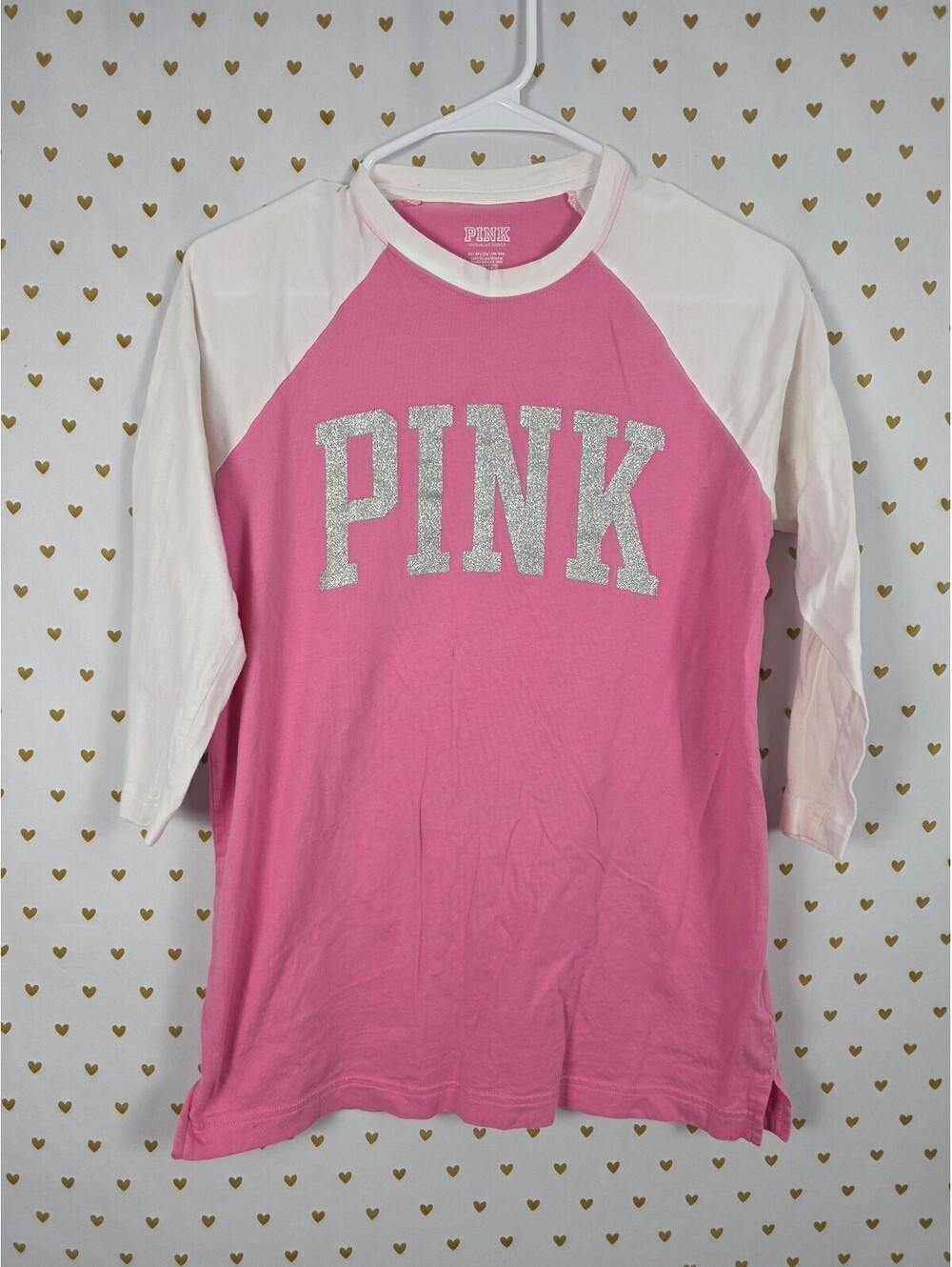 Victorias Secret PINK Raglan Bling Glitter Logo Tee shirt XS
